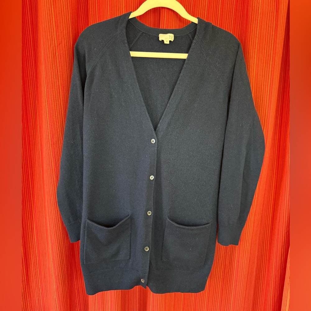 TSE Deep Blue long Cashmere Cardigan Sweater - M (fits small)